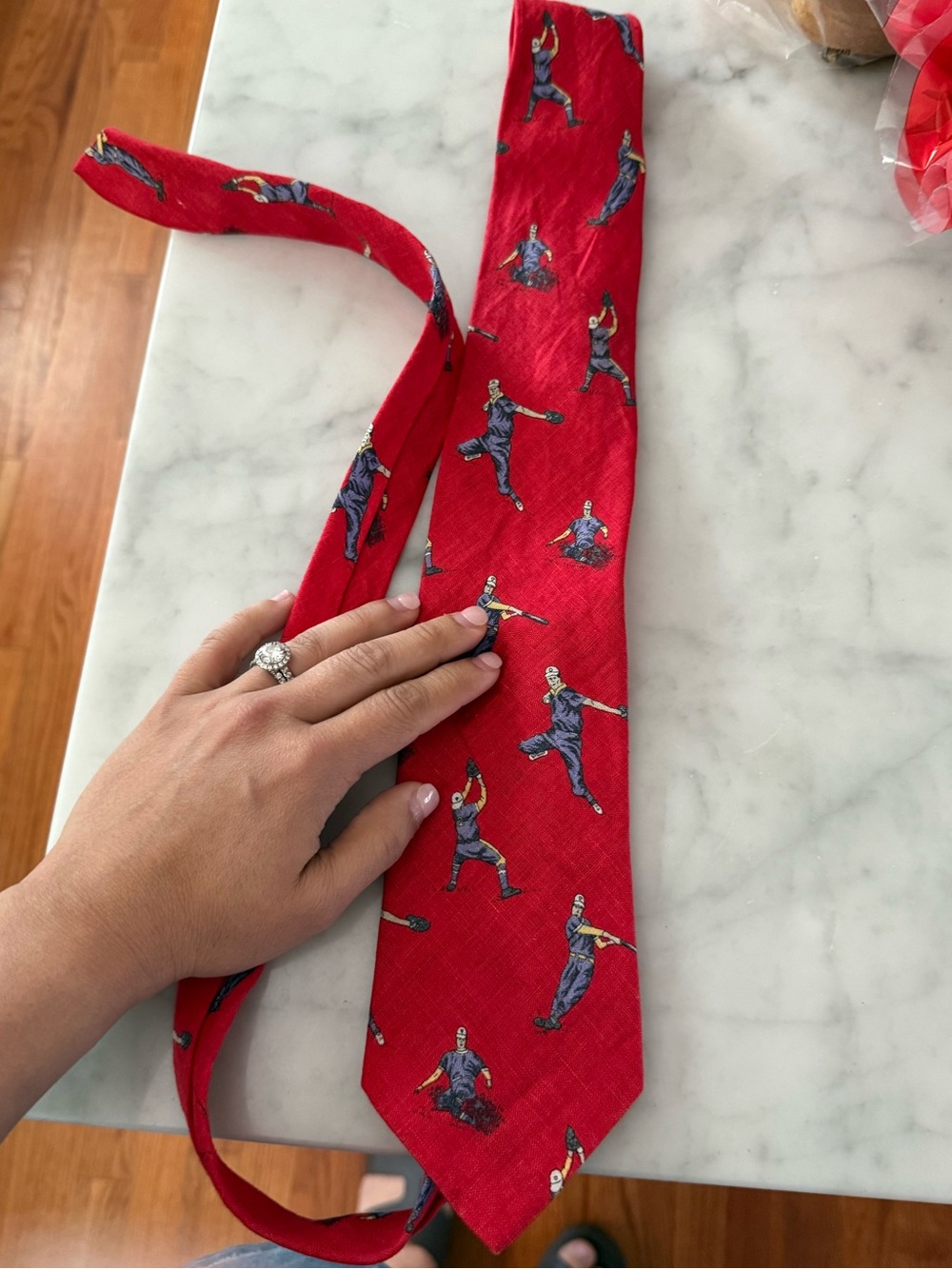 Vintage Ferrell Reed-Nordstrom Neck Tie Red w Old Time Baseball Players on Linen